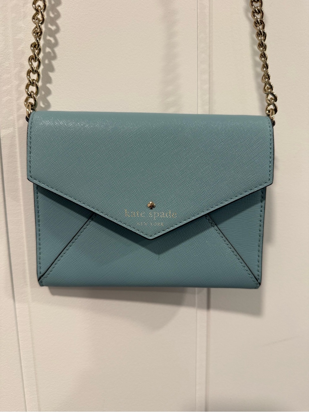 KATE SPADE MONDAY Leather Saffiano Envelope Small Clutch Wallet purse Light Blue
